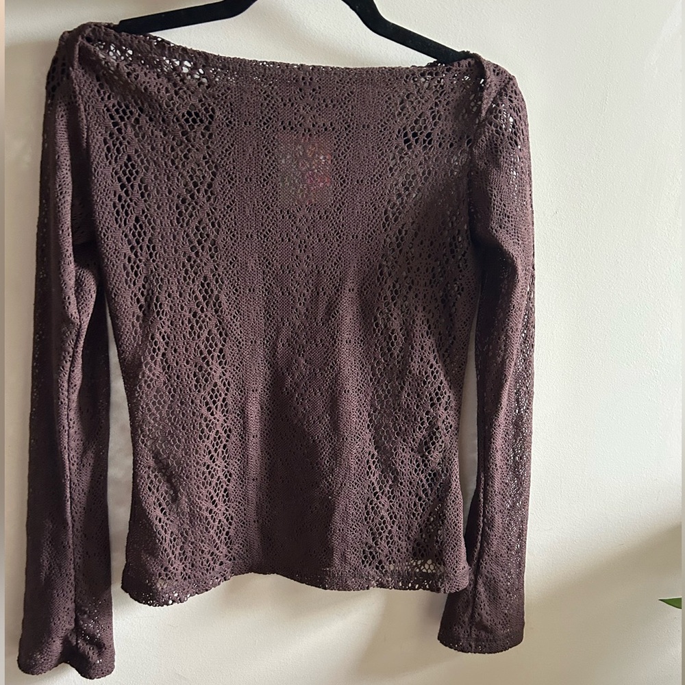 Knit sheer brown vintage boat neck long sleeve sweater